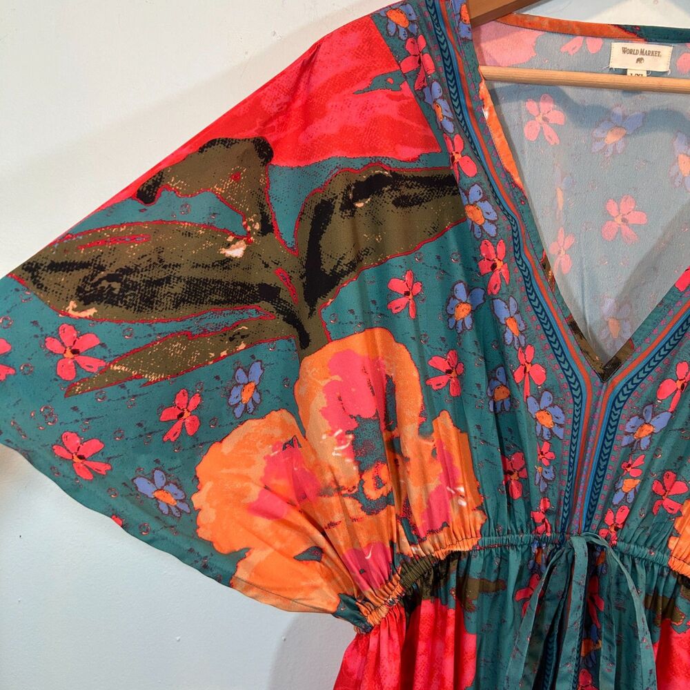 WORLD MARKET Boho Floral Tie Empire Maxi Dress L/XL Satin Tropical Kaftan - Picture 4 of 12